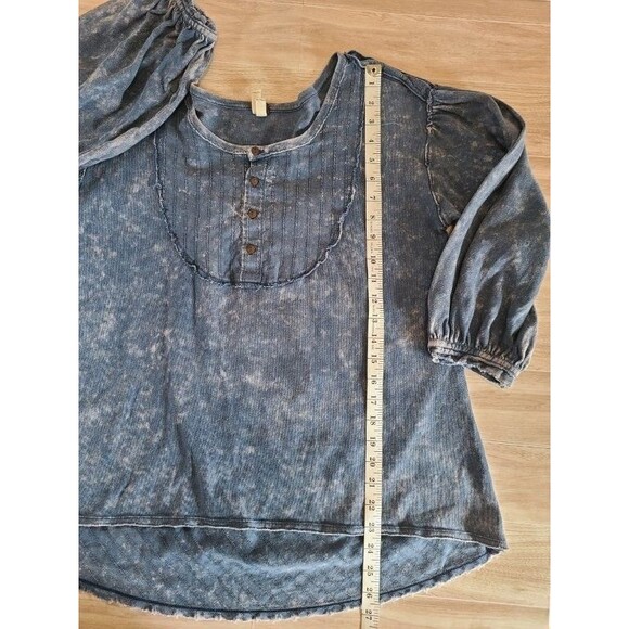 Free People Blue Cotton Top Puff Sleeve Bib Blouse Distressed Wash We The Free - Picture 6 of 9
